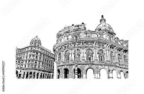 Building view with landmark of Genoa is the 
city in Italy. Hand drawn sketch illustration in vector.