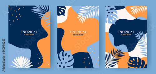 Set of abstract Summer backgrounds with copy space for text, tropical leaves and plants in orange yellow and deep blue colors. Modern design templates for sale, posters, covers, cards, social media