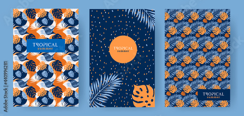 Set of abstract Summer backgrounds with copy space for text, tropical leaves and plants in orange yellow and deep blue colors. Modern design templates for sale, posters, covers, cards, social media
