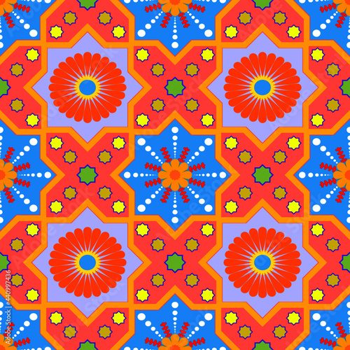 geometric fabric pattern Yellows and oranges, blues, purples, reds, blacks, whites feature brightly colored flowers and shadows that create dimension. Flat design concept for fabric pattern, curtains