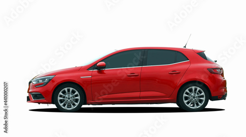 Red car on white background, side view