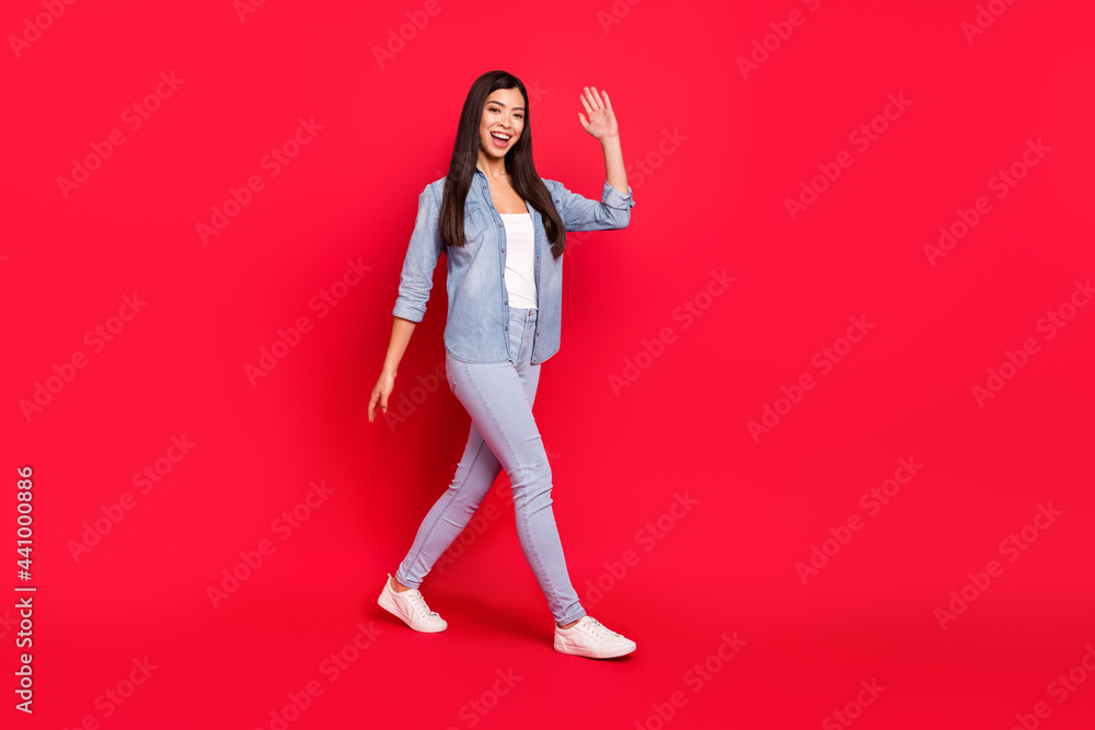 Full length body size view of attractive cheerful girl going waving hi good mood isolated over bright red color background Full length body size view of attractive cheerful girl going waving hi good mood isolated over bright red color background