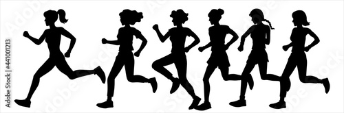 Girls and women run in a marathon, jogging. Black silhouettes on a white background. Illustration of sports and healthy lifestyle.