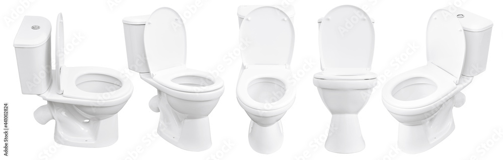 Toilet on white background. Close up of toilet. White toilet bowl isolated. Set of toilet bowls. Toilet on white background. Close up of toilet. White toilet bowl isolated. Set of toilet bowls.