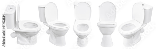 Toilet on white background. Close up of toilet. White toilet bowl isolated. Set of toilet bowls.