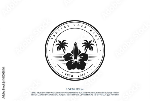 Hipster Retro Vintage Hawaii Hawaiian Hibiscus Flower with Surf Board Palm Tree Logo Design Vector