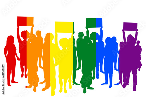 LGBT rainbow protesters abstract silhouette. Activists, protesters and anarchy flat silhouette with rainbow flag colours. Solidarity, equality, freedom. Parade vector element. 