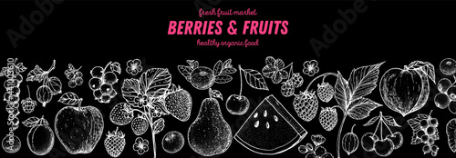 Berries and fruits drawing collection. Sketch style. Hand drawn vector illustration. Food design template with berry and fruit for packaging and more. Organic healthy food.