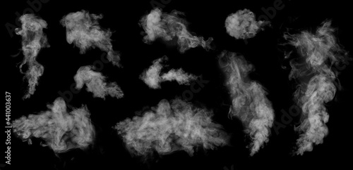 Fog or smoke, steam, vapor set isolated on black background. White cloudiness, mist or smog background.