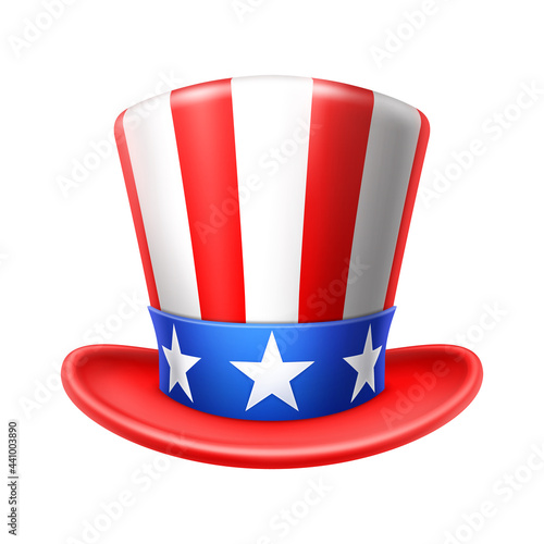 American Uncle Sam hat, America Flag, USA. Independence Day, 4th of July. Vector illustration, isolated on white background.