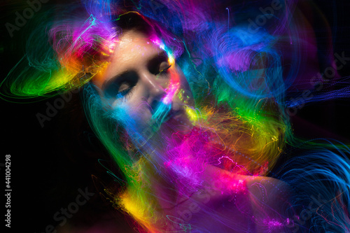 lightpainting portrait, new art direction, long exposure photo without photoshop, light drawing at long exposure 