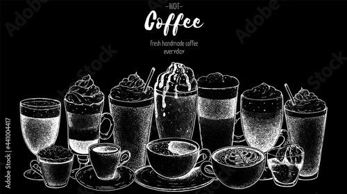 Coffee drink hand drawn collection. Sketch graphic elements for menu design. Vintage vector illustration. Various coffee drinks set. Coffee cups.