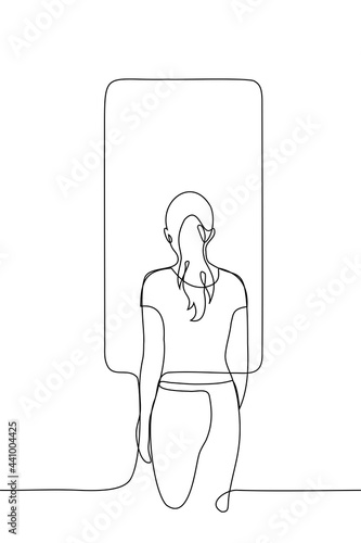 woman stands in front of huge smartphone silhouette - one line drawing. woman stands with her back to the viewer and looks at the blank screen of the phone
