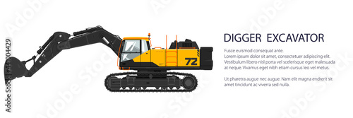 Digger hydraulic excavator with dipper , construction equipment banner, vector illustration