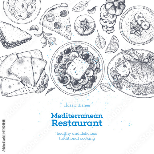 Mediterranean cuisine top view. A set of mediterranean dishes. Food menu design template. Vintage hand drawn sketch. Vector illustration. Food collection.