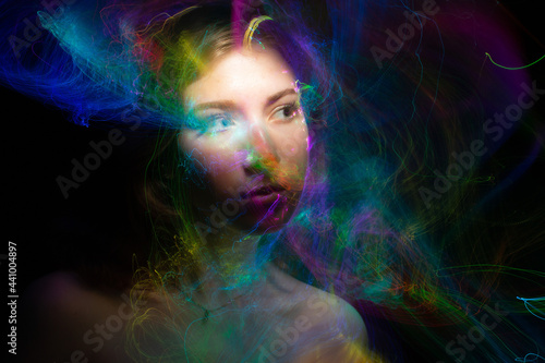 lightpainting portrait, new art direction, long exposure photo without photoshop, light drawing at long exposure 