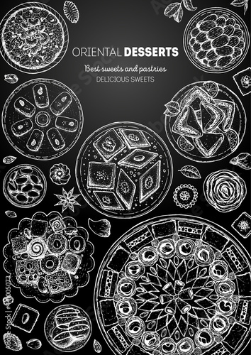 Oriental sweets vector illustration. Middle eastern food, hand drawn sketch. Linear graphic. Food menu background. Engraved style design template.