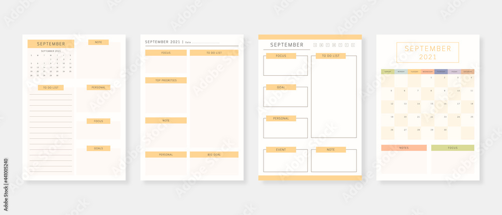 September 2021 - Planner. Modern planner template set. Set of planner and to do list. Monthly, weekly, daily planner template. Vector illustration. - obrazy, fototapety, plakaty 
