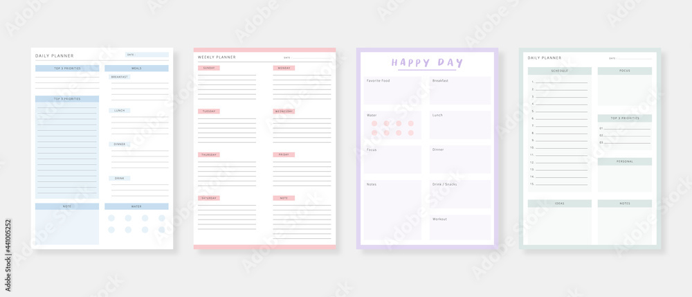 Modern planner template set. Set of planner and to do list. Monthly, weekly, daily planner template. Vector illustration. - obrazy, fototapety, plakaty 