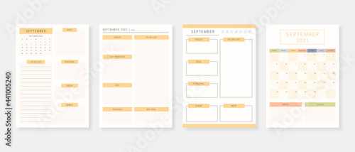 September 2021 - Planner. Modern planner template set. Set of planner and to do list. Monthly, weekly, daily planner template. Vector illustration.