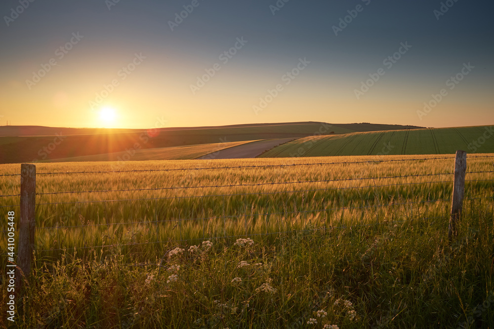 Rural landscape with the sun setting over the hills.