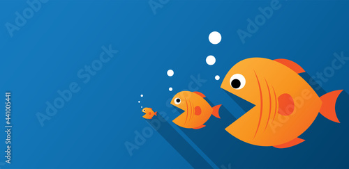 Big fish eat small fish on blue background. Feeding cycle. Management business concepts. Vector illustration flat design. Copy-space for text.