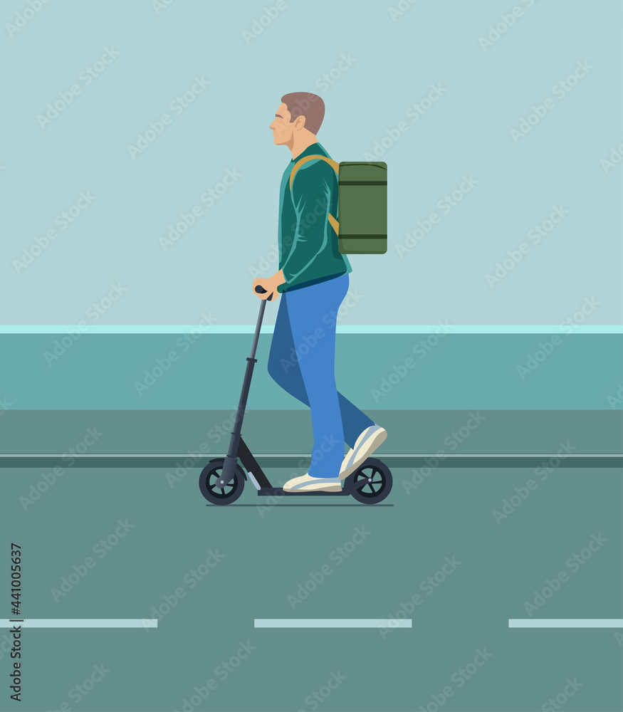 Food delivery in Moscow. A man on a scooter with a backpack with food delivery. Food delivery in Moscow. A man on a scooter with a backpack with food delivery.