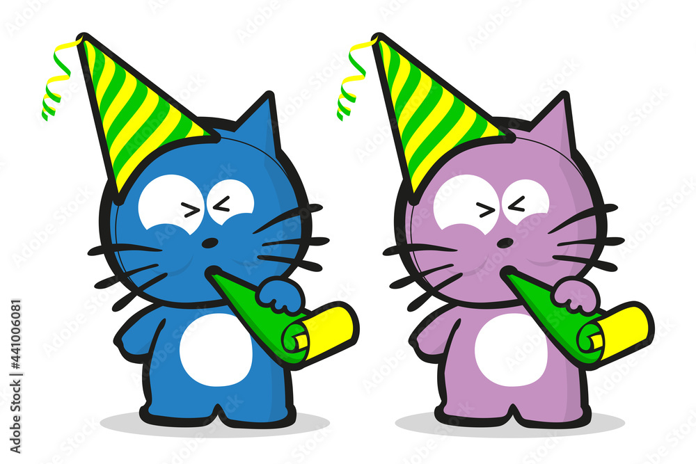 Two kitten characters partying with party hat and blowing on party whistles. Vector illustration on white background