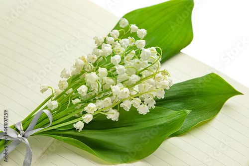Beautiful lily-of-the-valley flowers and notebook on white background, closeup