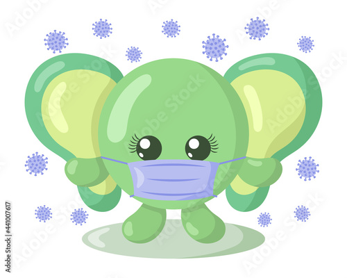 Funny cute kawaii elephant with round body and protective medical face mask surrounded by viruses in flat design with shadows. Isolated animal vector illustration 