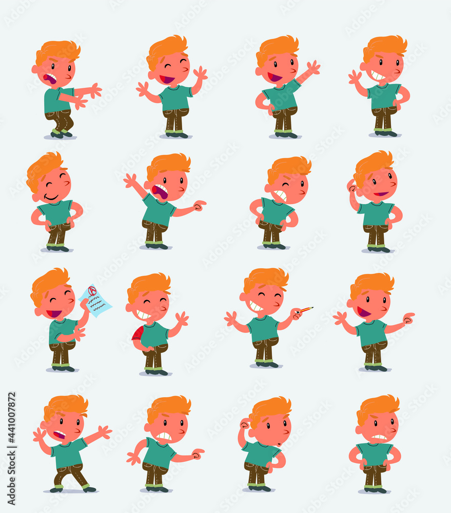 Cartoon character white little boy. Set with different postures, attitudes and poses, doing different activities in isolated vector illustrations Cartoon character white little boy. Set with different postures, attitudes and poses, doing different activities in isolated vector illustrations
