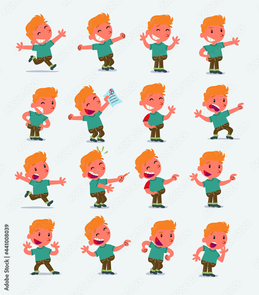 Cartoon character white little boy. Set with different postures, attitudes and poses, doing different activities in isolated vector illustrations Cartoon character white little boy. Set with different postures, attitudes and poses, doing different activities in isolated vector illustrations