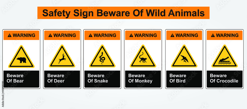 Safety sign beware of wild animals. Beware of Bear, Deer, Snake, Monkey,  Bird, and Beware of Crocodile. Stock Vector