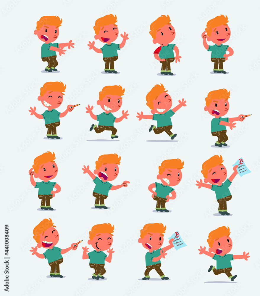 Cartoon character white little boy. Set with different postures, attitudes and poses, doing different activities in isolated vector illustrations