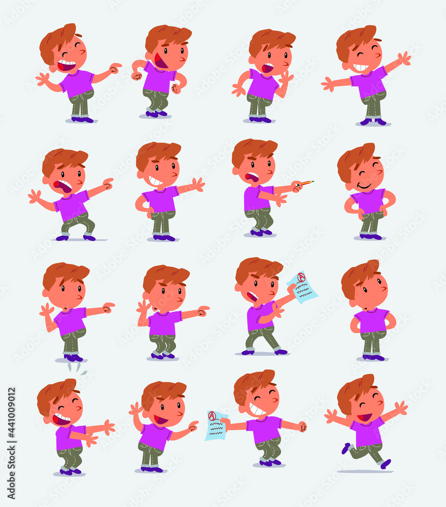 Cartoon character white little boy. Set with different postures, attitudes and poses, doing different activities in isolated vector illustrations Cartoon character white little boy. Set with different postures, attitudes and poses, doing different activities in isolated vector illustrations