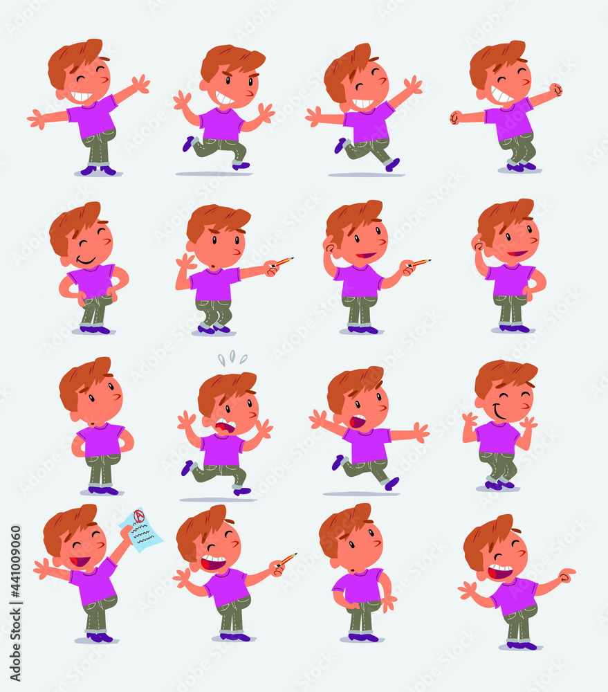 Cartoon character white little boy. Set with different postures, attitudes and poses, doing different activities in isolated vector illustrations Cartoon character white little boy. Set with different postures, attitudes and poses, doing different activities in isolated vector illustrations