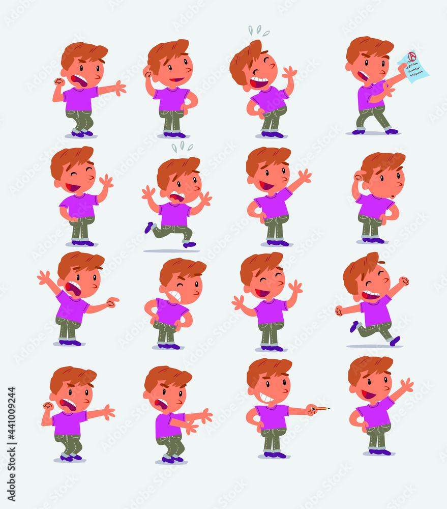 Cartoon character white little boy. Set with different postures, attitudes and poses, doing different activities in isolated vector illustrations