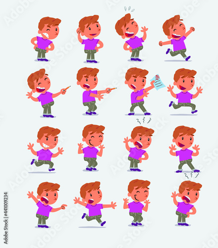 Cartoon character white little boy. Set with different postures  attitudes and poses  doing different activities in isolated vector illustrations
