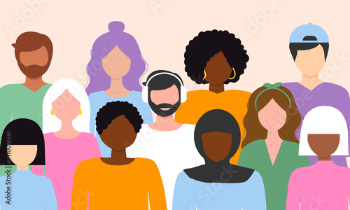 People diverse faces of different ethnicity vector illustration. Youth day. Silhouette of young people.