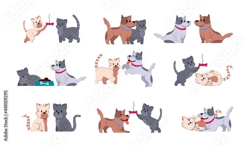 Dog adorable fummy animal. Set of cute puppy small friends. Domestic doggy character vector illustration. Cat adorable fummy animal. Set of cute kitty small friends. Domestic kitten character