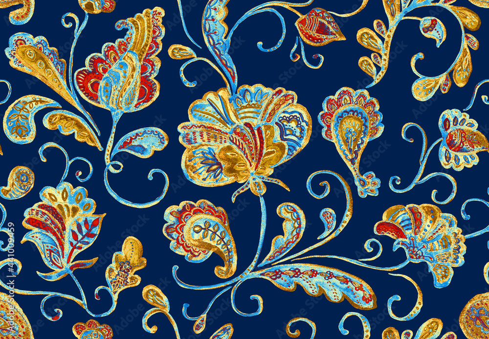 Obraz premium Paisley watercolor floral pattern tile: flowers, flores, tulips, leaves. Oriental indian traditional hand painted water color whimsical seamless print, ceramic design. Abstract india batik background