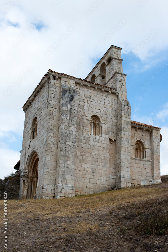 View of the main entrance of San Pantaleon de Losa church, seen from the bottom.Burgos, Merindades, Spain, Europe