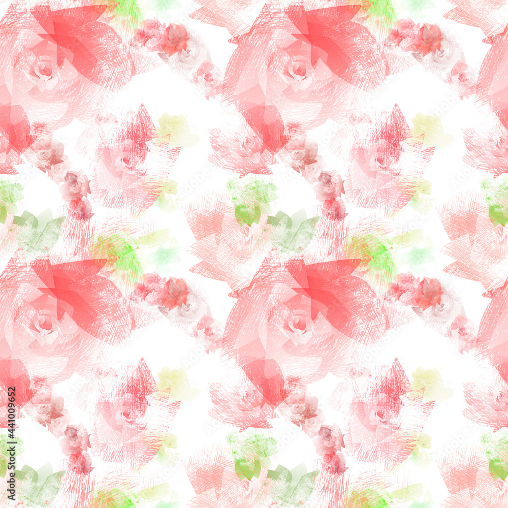 Abstract seamless red toned rose flower with leafs pattern illustration on white background.