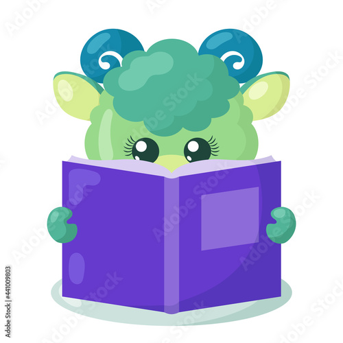 Funny cute kawaii lamb with book in flat design with shadows. Isolated animal vector illustration	