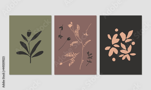 Modern aesthetic posters with hand drawn floral illustrations. Flowers silhouettes. Great for interior decor, wall art, tote bag, t-shirt print.