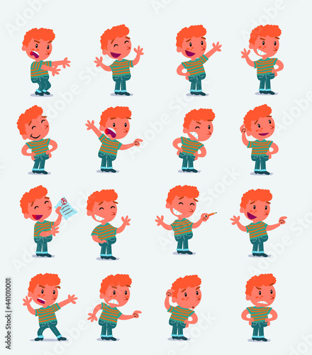 Cartoon character white little boy. Set with different postures, attitudes and poses, doing different activities in isolated vector illustrations