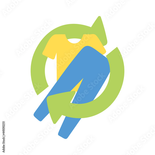 Flat design used cloth and textiles recycling symbol. Upcycle concept. Secondary use of clothes concept. Reuse and upcycling sign. Flat Vector illustration isolated on white background.