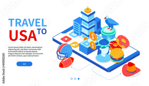 Travel to the USA - colorful isometric web banner