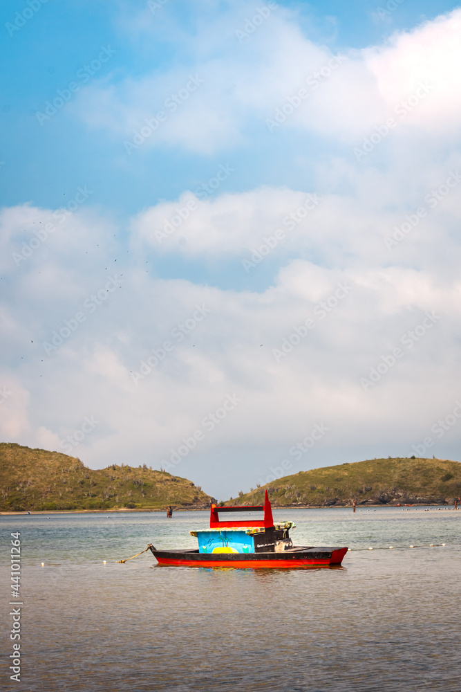 Fototapeta premium cold boat fishermen island river mountains