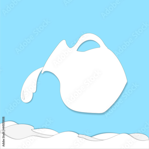 A PaperCut-style pitcher. A pitcher of water, pouring water. Liquid dishes. Ceramics. Isolated, white. Vector